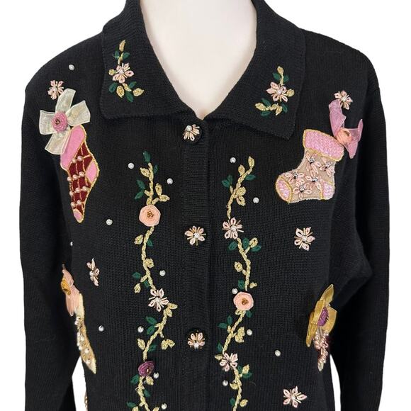 Vintage Christmas Sweater 3D Size Large Stockings Bows Grandma Ugly Beaded - Picture 2 of 10